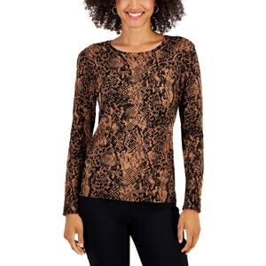 JM Collection Medium Petite Snake Print Top Long Sleeve Brown and Black Pullover